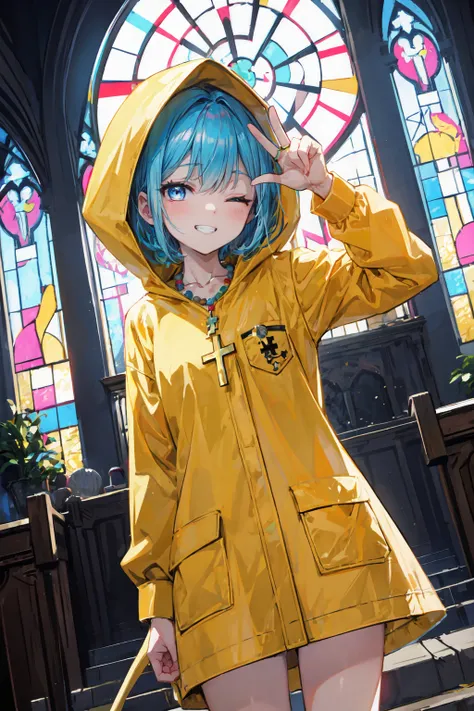 masterpiece,best quality,highest detailed,1girl,solo,Luce,short hair,blue hair,(swept bangs:1.3),blue eyes,jewelry,beads,cross necklace,hood up,yellow raincoat,white shirt,long sleeves,pocket,standing,grin,one eye closed,v,peace sign,v over eye,church,stai...