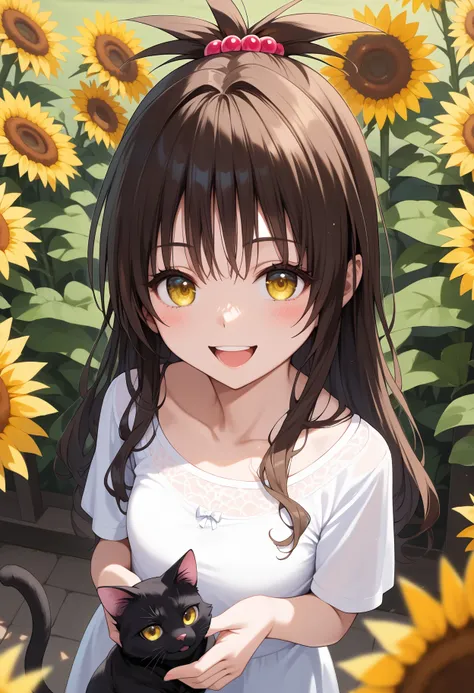 anime girl with long hair holding a black cat in front of sunflowers（yuuki mikan)