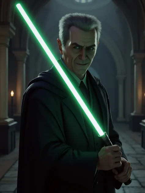 In the harry potter universe, a man named gman holding a lightsaber in his hand, there are winzard in the background

gman