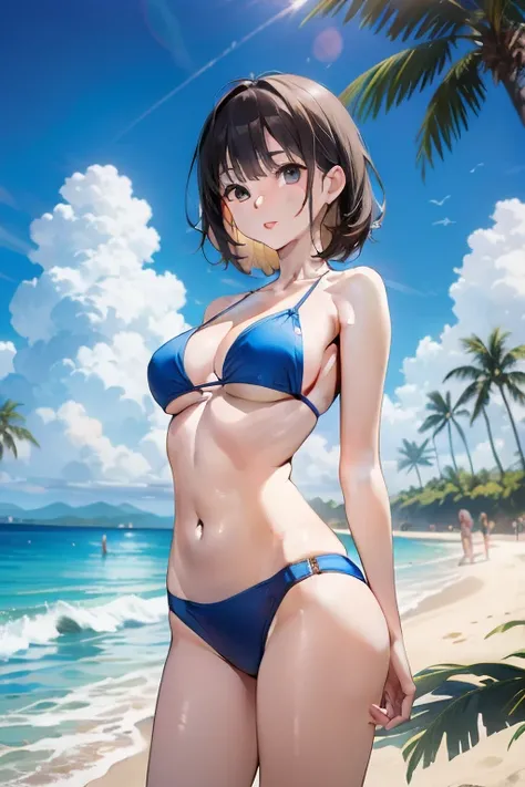 æ¯åºå°¼,A french girl on the endless sea beach under the blue sky and white clouds,wearing a bikini swimsuit,basking in the sun on the beach by the sea,coconut trees,beach people playing,surfing,realistic background,