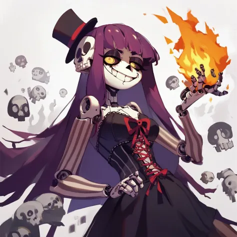 score_9, score_8_up, score_7_up, source_anime, 1girl, solo, ae-tan, cyborg, robot, skull face, mini top hat, monocle, yellow eyes, purple hair, long hair, jigsaw piece, corset, vertical-striped pantyhose, goth, black dress, grin, smug, fire background