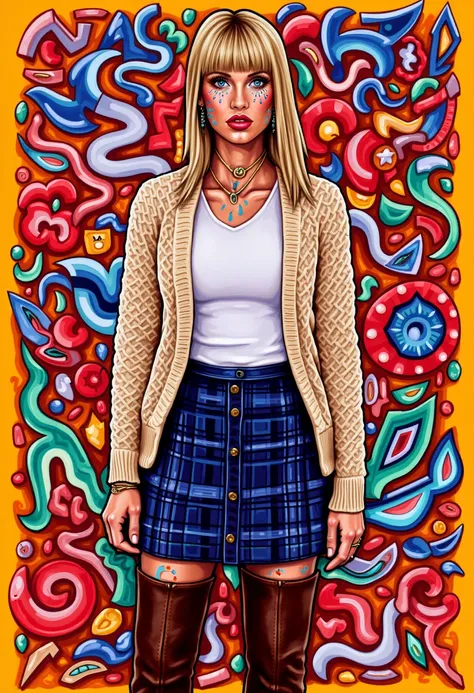 This image is a vibrant, stylized digital painting featuring a stylized depiction of Cable knit cardigan, white tank top, navy plaid skirt, and brown knee-high boots, Empress, Tall, Firm, Square Face, Fair Skin, Honey Blonde Hair, Gray Eyes, Narrow Nose, P...