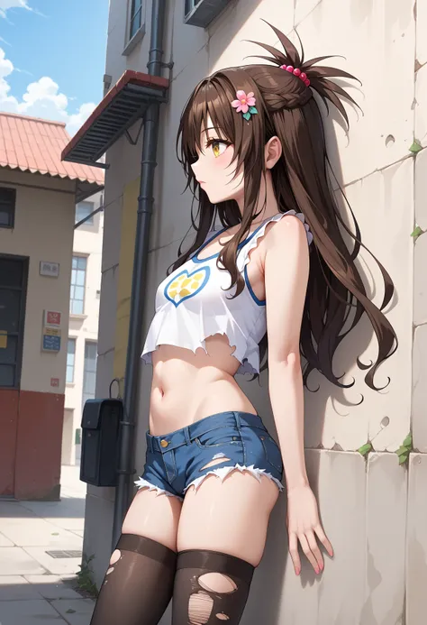 anime girl leaning against a wall with her arms on her hips（yuuki mikan)