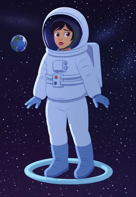 (zPDXL3) source_cartoon, handsfree, Perfect Hands, full body, 1girl, solo, looking at viewer , 
mari_lopez, black hair, short hair, spacesuit,  astronaut, space helmet, gloves, space , floating in space, planet, tiny moon, nebula,
