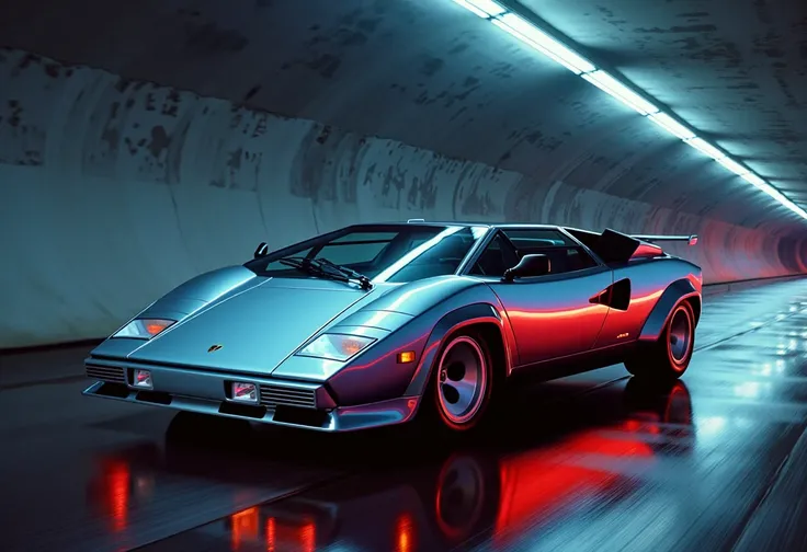  analog gloomy photo of an iridescent silver Lamborghini Countach car, <lora:c0unt4ch:0.8>, (in a race to save humanity ((at night))), chased by black cars, ((in an underground tunnel in a holographic city)), neon tracks, neon roads, holographic signs, ((n...