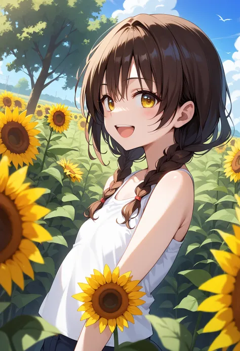 anime girl in a field of sunflowers with a blue sky