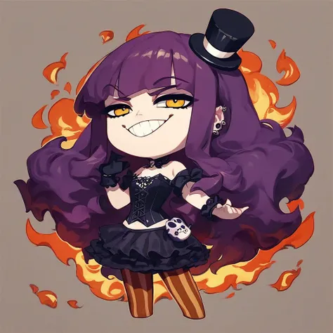 score_9, score_8_up, score_7_up, source_anime, 1girl, solo, ae-tan, chibi, mini top hat, monocle, yellow eyes, purple hair, long hair, jigsaw piece, corset, vertical-striped pantyhose, goth, black dress, grin, smug, fire background