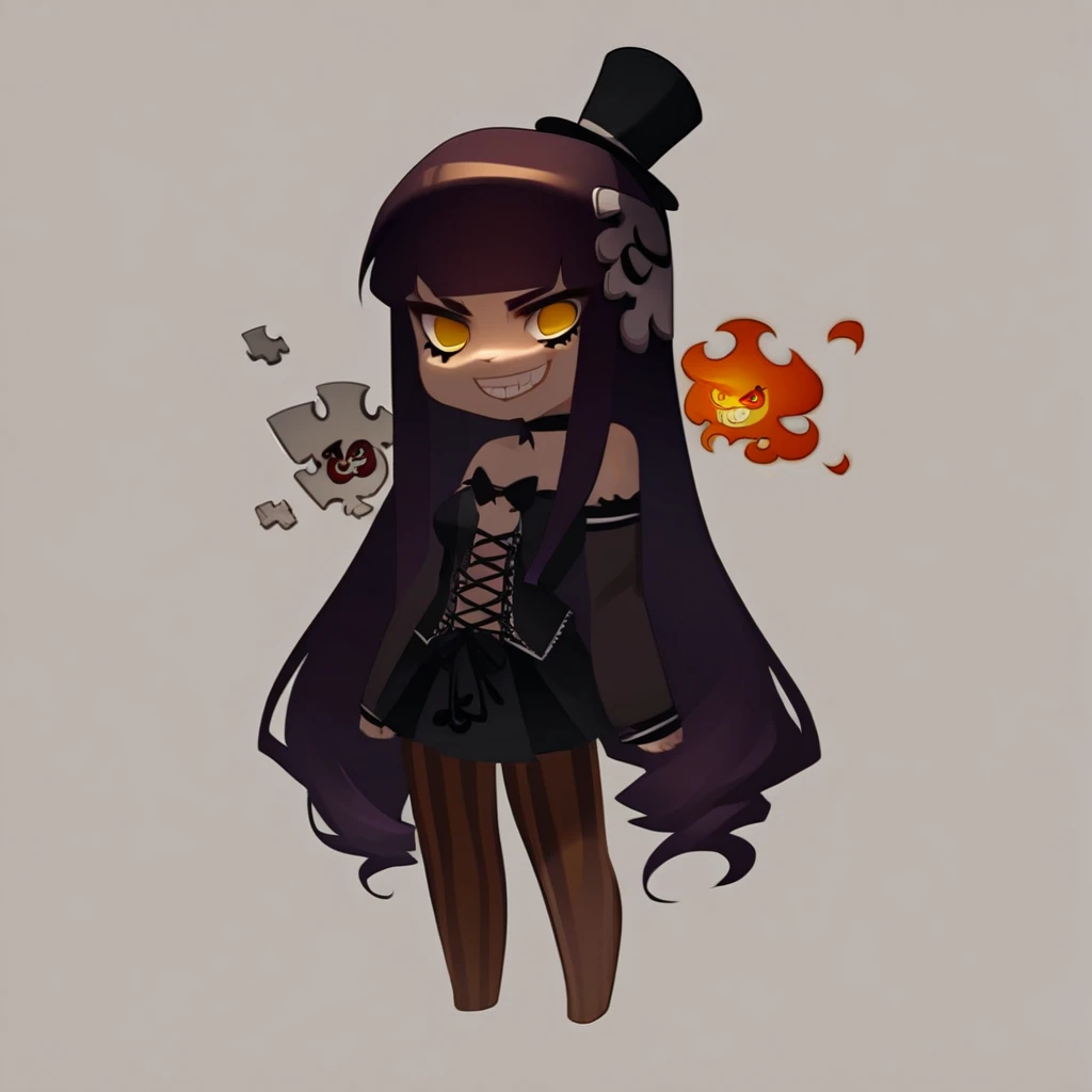 score_9, score_8_up, score_7_up, source_anime, 1girl, solo, ae-tan, chibi, mini top hat, monocle, yellow eyes, purple hair, long hair, jigsaw piece, corset, vertical-striped pantyhose, goth, black dress, grin, smug, fire background