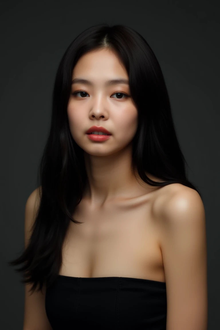 Create a close-up picture of a young woman with long, sleek black hair. She is wearing a strapless tube dress, and her expression is serene, with a soft, reflective gaze. The lighting is bright and moody, casting subtle shadows to highlight her delicate fe...