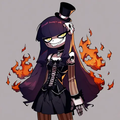 score_9, score_8_up, score_7_up, source_anime, 1girl, solo, ae-tan, cyborg, robot, skull face, mini top hat, monocle, yellow eyes, purple hair, long hair, jigsaw piece, corset, vertical-striped pantyhose, goth, black dress, grin, smug, fire background