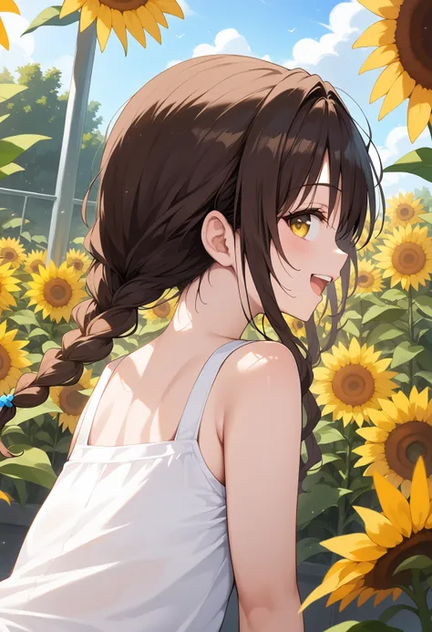 anime girl in a white tank top standing in a field of sunflowers