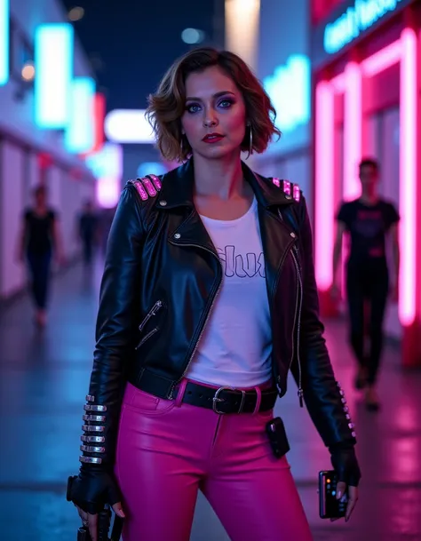 The image is a vibrant, high-resolution photograph set in a futuristic, neon-lit urban environment, possibly a cyberpunk city. The subject is  <lora:rbloomflux1a-000001:1>  She has short, wavy brown hair styled in loose curls.   wearing a striking outfit. ...