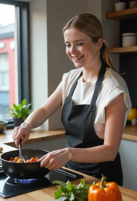 Noa Vahle, a 24-year-old Dutch woman, preparing a delicious meal in her modern kitchen, ingredients spread out on a wooden countertop, wearing a stylish apron, smiling as she stirs a pot, natural lighting highlighting the kitchen’s sleek details, ultra-rea...