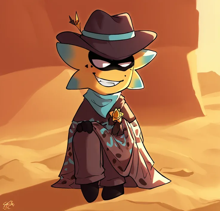 masterpiece, standing, score_7_up, score_6_up,  source_furry, full color:1.1,  nsfw, rating_explicit,  hi res,  2d:1.8,  <lora:crushpepper:1>
solo, utstarlo, starlo, sitting down, shadowed eyes, desert,  grin, cowboy hat, clothed, <lora:PonyXL_V6_starlo_v1...