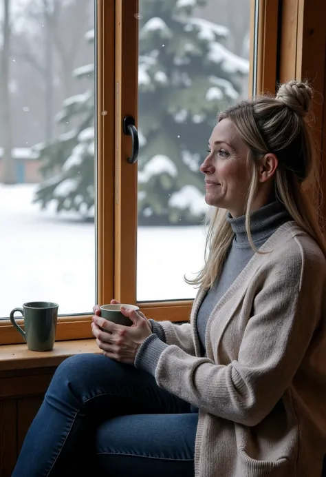 Helene Hendriks, a woman sitting by a large window in a cozy cabin, snow falling outside, holding a warm cup of tea, peaceful ambiance