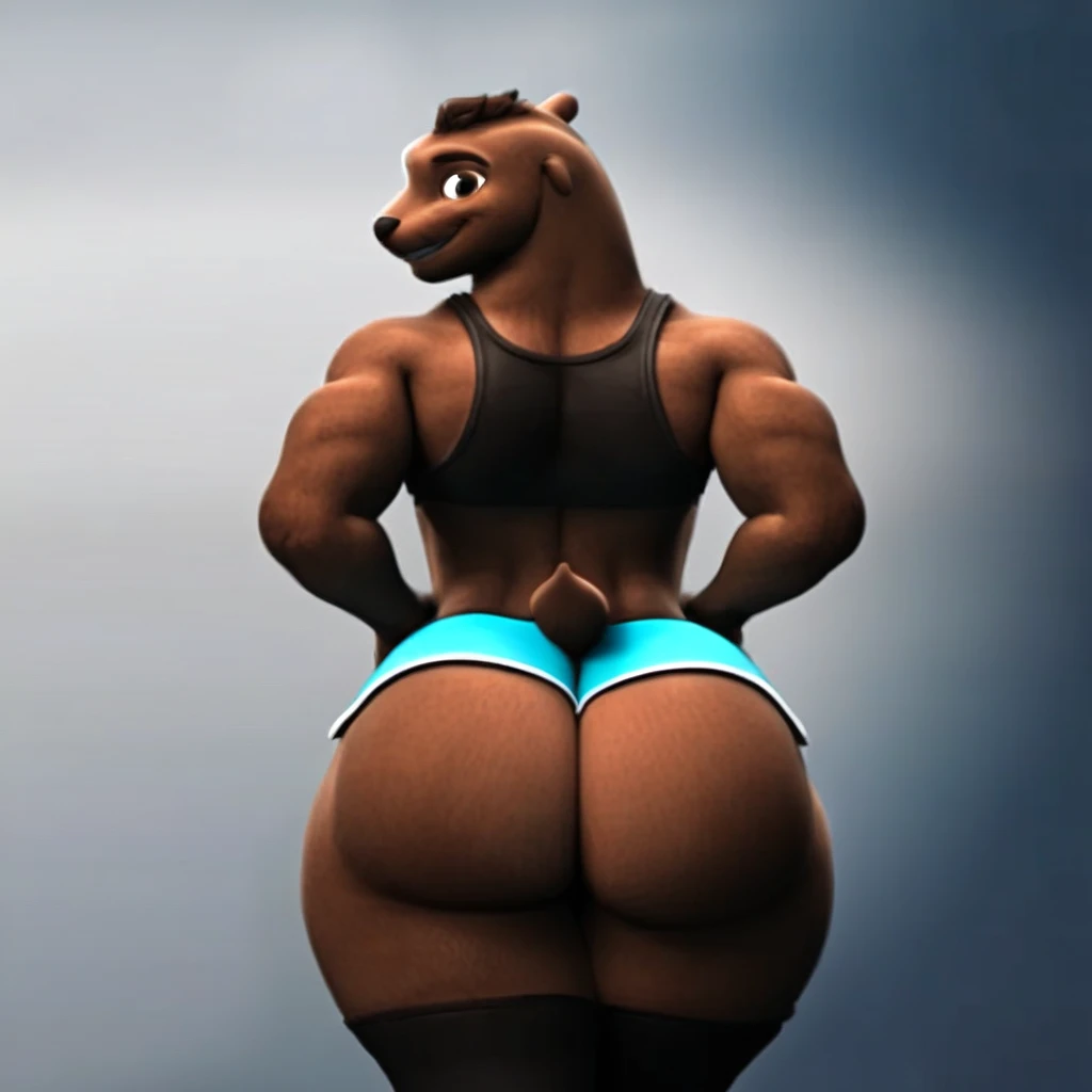 Quinn, furry, male, Sea lion, brown fur, brown eyes, anthro, humanoid body, muscular, huge butt, huge thighs, huge hips, bottom heavy, crop top, booty shorts, thigh highs, standing, hands on hips, smile, looking back at viewer, back view, side angle, dynam...