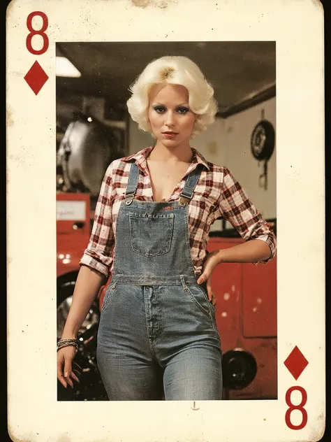 A vintage playing card, display of card suit and number, weathered & worn with scratches on surface, pinup style sekaflux123 woman with platinum blonde hair as a car mechanic, 1950s style, full body, plaid shirt with rolled up sleaves, coveralls, sassy pos...