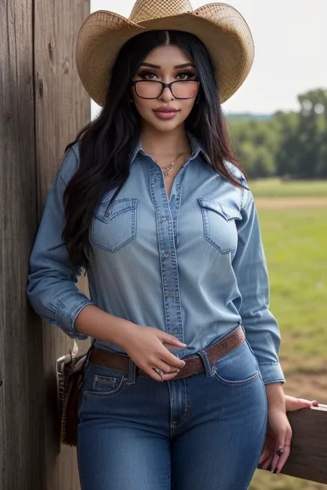 DEN_lilianaheartsss_OF,
(country beauty posing against a wooden fence with a plaid shirt and jeans and a cowboy hat, cow girl, country girl, cow girl:1.2), dressed, clothing, clothed, fully dressed, high neck line,
bokeh, f1.4, 40mm, photorealistic, raw, 8...