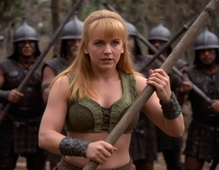 gabrielle, gabrielle-eyes, long blonde hair, wearing her usual attire, holding a long wooden staff with both hands in a combat stance, action shot, screenshot from a TV show, she is surrounded by soldiers with swords who are trying to attack her,  xena-sty...