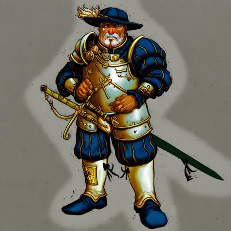 1boy, male focus, full body, armor, hat, facial hair, sword