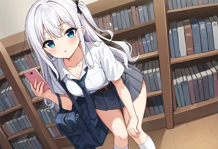 Best quality, perfect body, ultra HD, source anime, cleavege, round medium breast, collarbone,white long hair only,bent over, wavy tip hair,bag, 1girl, belt,tucked in white shirt,gray pleated skirt,school shoe, Thigh high sock, underwear, necktie, ribbon h...