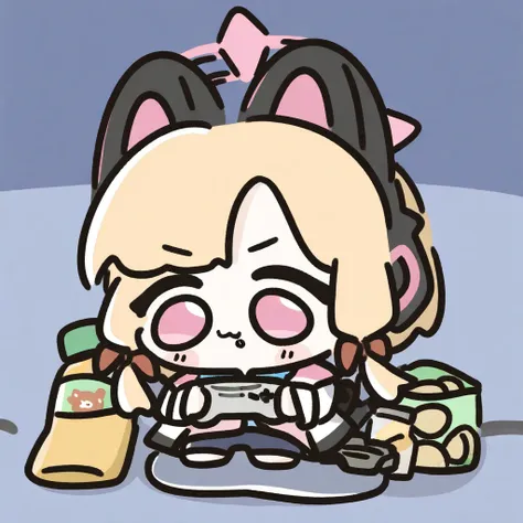 <lora:bluemaka_noob10-xl-000115:1>,momoi_(blue_archive), 1girl, animal_ears, food, blonde_hair, animal_ear_headphones, fake_animal_ears, chibi, chips_(food), controller, holding, game_controller, headphones, halo, holding_controller, cat_ear_headphones, fo...