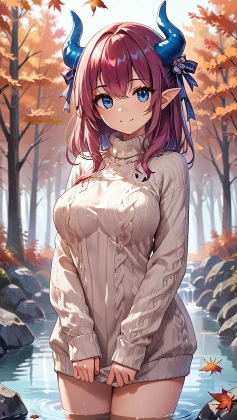 score_9, score_8_up, score_7_up, source_anime, uncensored,
Break,
1girl , bely,  large breasts, , blue horns,  magenta hair, blue eyes,
1girl, autumn clothes, cozy sweater, forest path, autumn leaves, holding hot drink, serene smile, fallen leaves, sunligh...