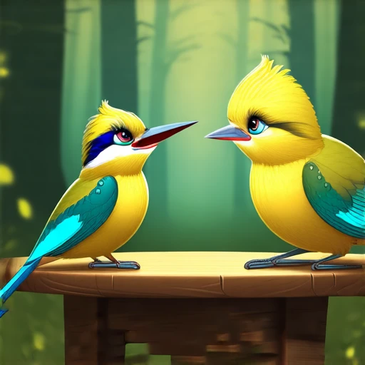 This is a highly detailed, digitally created artwork featuring two vibrant, stylized birds perched on a wooden table in a serene forest setting. The birds, resembling kingfishers, have striking plumage: the larger is predominantly bright yellow with turquo...