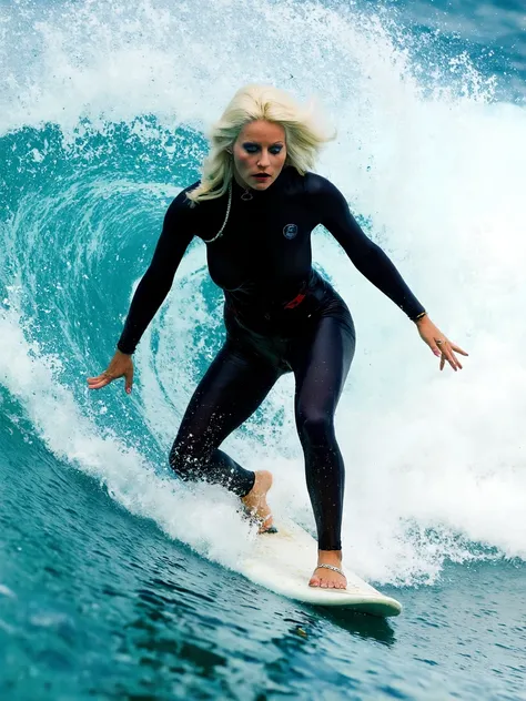 ultra hd closeup photo of sekaflux123 woman, platinum blonde hair, riding a wave on a surfboard. She is skillfully navigating the wave, showcasing her surfing abilities, The woman is wearing a full body wetsuit, which provides her with the necessary protec...