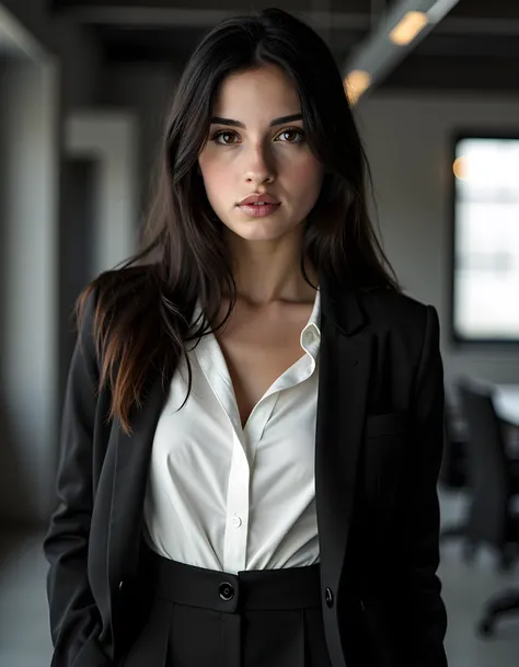 M4R14V, In a high-contrast, moody monochrome setting of a dimly lit, contemporary urban office space, a beautiful young woman with black hair cascading down to her shoulders and brown eyes piercing through the shadows, is captured in an intimate close-up. ...