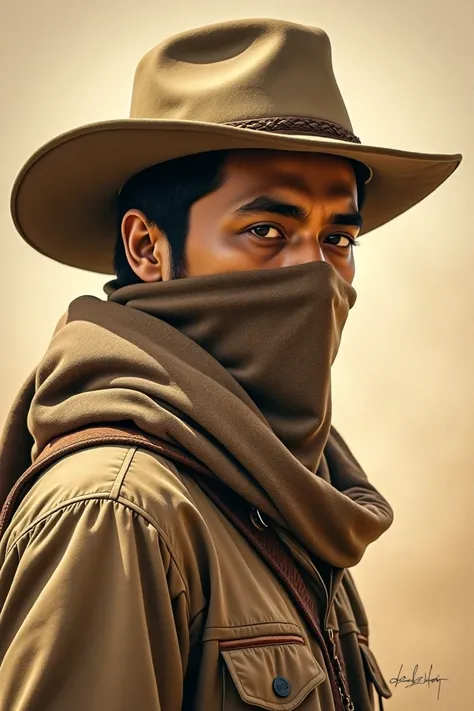 " Vintage Sepia", Western outlaw, young mercenary with his face clandestinely covered by a dust-strewn scarf, black eyes,as if whispering of tales of high desert fantasy sagas, drawn in an immersively detailed and gritty Borderlands art style, portrait ori...