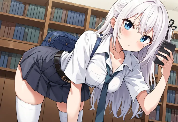 Best quality, perfect body, ultra HD, source anime, cleavege, round medium breast, collarbone,white long hair only,bent over, wavy tip hair,bag, 1girl, belt,tucked in white shirt,gray pleated skirt,school shoe, Thigh high sock, underwear, necktie, ribbon h...