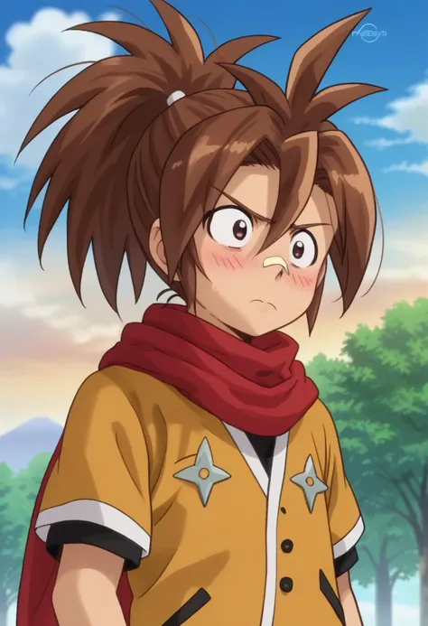 score_9, score_7_up, source_anime, 
sasuke, 1boy, male focus, solo, brown eyes, brown hair, ponytail, bandaid, bandaid on nose, shirt, orange shirt, short sleeves, scarf, red scarf, frown, blush,
outdoor, sky, tree, cloud, upper body,