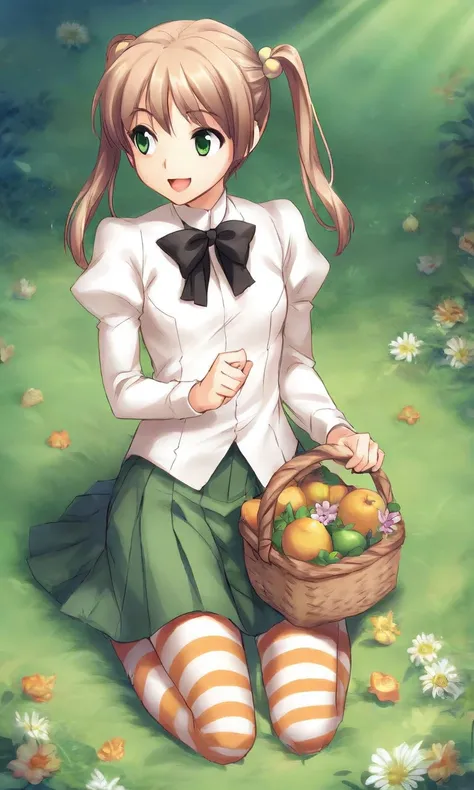 IbarazakiEmi, half-length portrait, solo, twintails, yellow hair bobbles,
YamakuGirlSU, white long-sleeve blouse, black bow tie, green pleated skirt, (white-and-orange striped thigh highs:1.3),
outside, kneeling, on ground, grass,  sunlight, holding picnic...