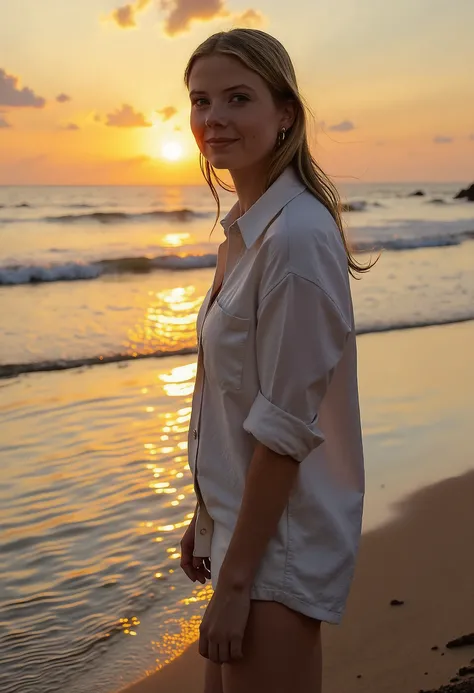 Noa Vahle, a 24-year-old Dutch woman, standing barefoot on the beach at sunset, relaxed posture, warm colors of the setting sun casting a golden glow over her face, looking thoughtfully at the horizon, gentle waves lapping at the shore, light breeze moving...