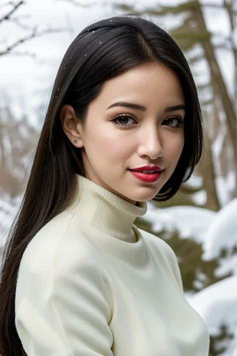 tishserr-184 , a photo of a woman, detailed, masterpiece, high resolution, best quality, red lipstick, blush, eye shadow, epiCPhoto , turtleneck sweater, forest, snow, slight smile