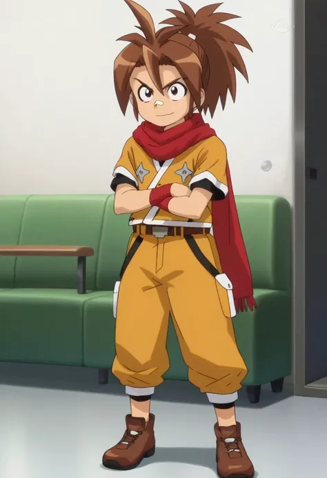 score_9, score_7_up, source_anime, 

sasuke, 1boy, male focus, solo, brown eyes, brown hair, ponytail, bandaid, bandaid on nose, shirt, orange shirt, short sleeves, wristband, scarf, red scarf, belt, pants, capri pants, orange pants, shoes, brown footwear,...