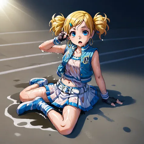 1boy, open mouth, wet clothes, underwear, cheerleader, wariza, short skirt, ass, wet, hoop earrings, blue eyes, solo, fingerless gloves, white dress, jacket, hair ornament, blonde hair, belt, navel, sitting