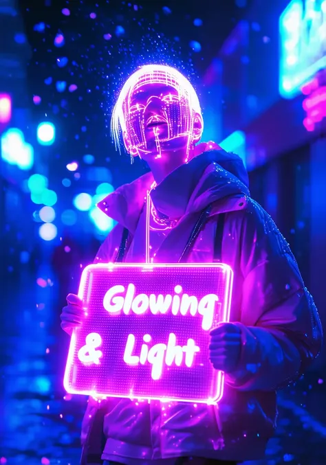 ,glowinglora,A person glowing and holding a sign that says Glowing & Light, surrounded by floating light particles in a neon-lit city night scene, with vibrant colors and a magical atmosphere