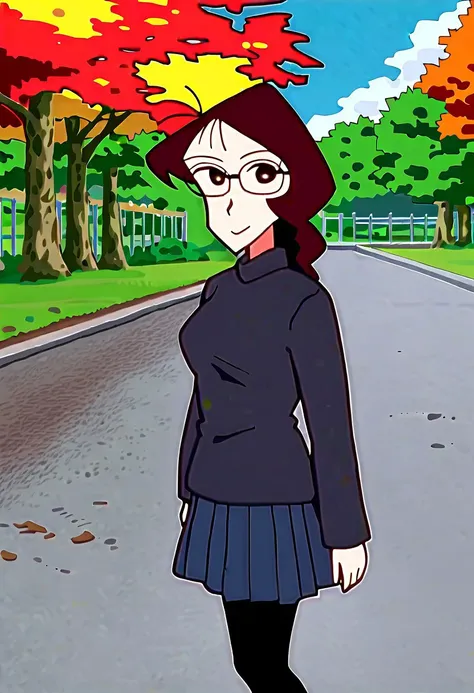 score_9, score_8_up, score_7_up, best quality, masterpiece, anime screencap, anime coloring, 1girl, solo, looking at viewer, 1girl, kannazuki shira, 1girl, solo, glasses, long sleeves, outdoors, School Sweater, 
autumn, trees, autumn leaves, park, looking ...