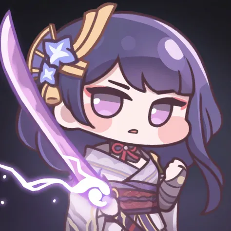 1girl,raiden shogun,holding sword,head tilt,serious,hand up,looking at viewer,parted lips,upper body,wind,dark background,electricity,sparks,masterpiece,best quality,amazing quality,very aesthetic,absurdres,newest,chibi,<lora:opinew6_noob10-xl-000048:1>,