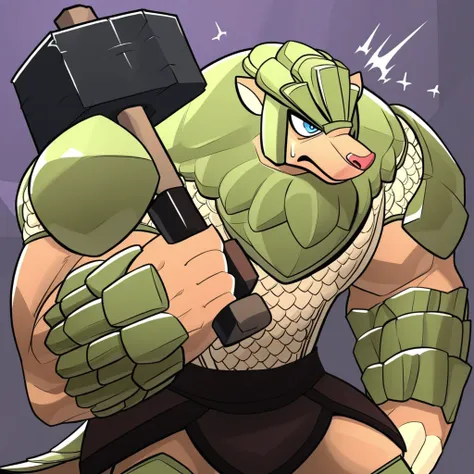 hamir, pangolin, male, green body, muscular, furry, blue eyes, 1boy, solo, holding hammer, standing