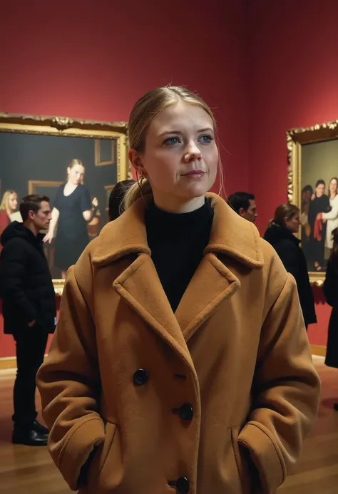 Noa Vahle, a 24-year-old Dutch woman, standing thoughtfully in a well-lit art museum, observing a large painting with curiosity, stylish yet casual outfit, hands in her coat pockets, subtle highlights and shadows on her face from the gallery lighting, othe...