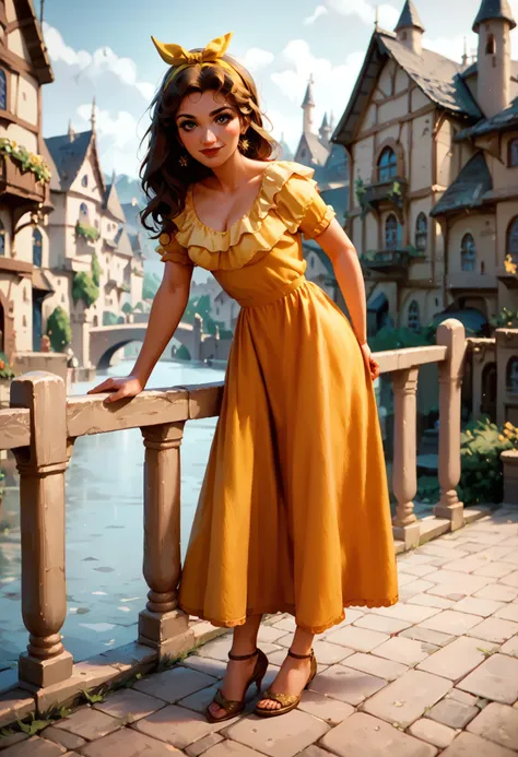 score_9, score_8_up, score_7_up, score_6_up,
pepauai,yellow dress,yellow headband,
looking at viewer,full body,1girl,solo,
on a bridge,village,castle in the background,

