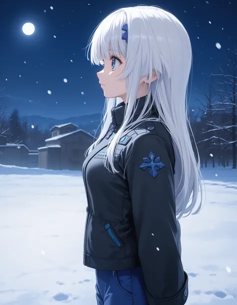 score_9, score_8_up, score_7_up BREAK 1girl, solo, inia sestina, white hair, long hair, brunt bangs, blue eyes, hair ornament, medium breasts, black jacket, blue pants, standing, looking above, side view, snowy, night, outdoor, <lora:inia_sestina_total_ecl...