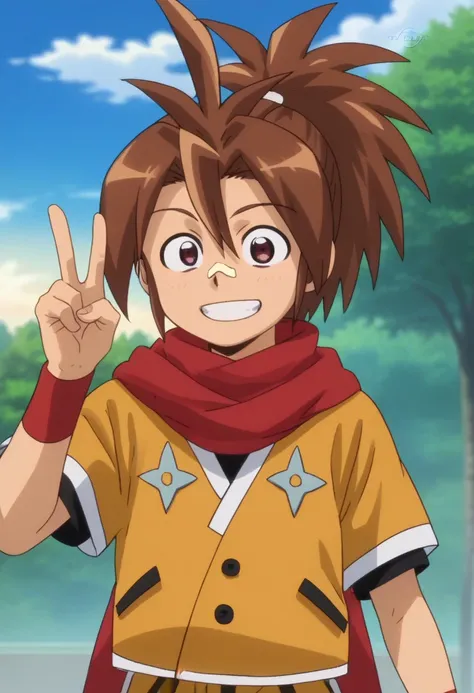 score_9, score_7_up, source_anime, 
sasuke, 1boy, male focus, solo, brown eyes, brown hair, ponytail, bandaid, bandaid on nose, shirt, orange shirt, short sleeves, scarf, red scarf, smile, wristband,
outdoor, sky, tree, cloud, upper body, v sign, grin, hap...