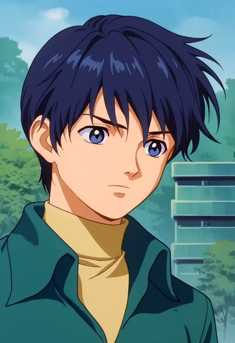 score_9, score_7_up, source_anime, 
isami, 1boy, male focus, solo, blue eyes, blue hair, short hair, turtleneck, shirt, yellow shirt, green shirt, collared shirt, portrait,
outdoor,