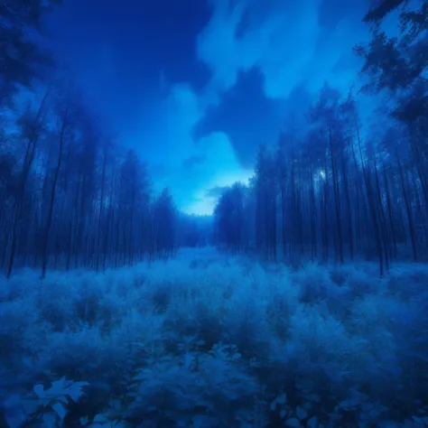 forest, blue sky, nature, blue theme, no humans, sunlight, day, night sky, cloudy sky