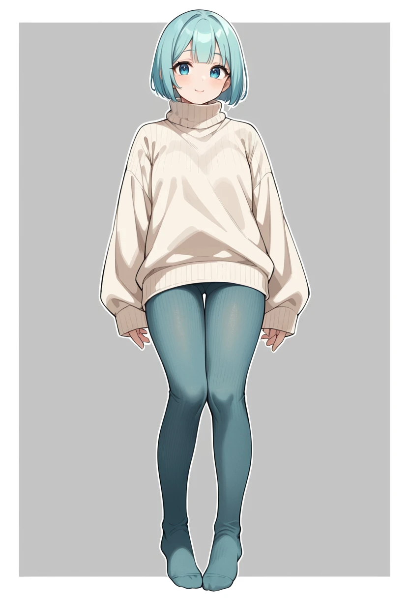 score_9, score_8_up, score_7_up, score_6_up, score_4_up, 1girl, solo, grey background, white border, white outline, black outline,
 <lora:CottonTights-13:1> cotton tights, loose tights, knee crease, ankle crease, ribbed , no shoes, cyan pantyhose,
bob cut,...