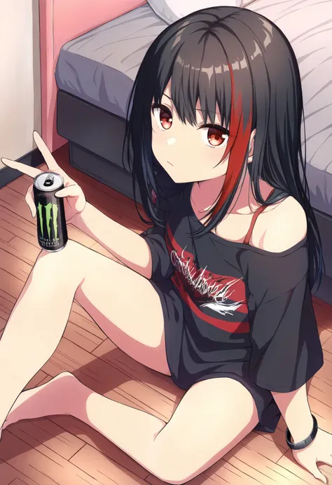 highres,absurdres,masterpiece,best quality,<lora:memaxv3typec_ill:1>,bedroom,on_floor,rocker-chic,1girl,black hair,red streaked ...